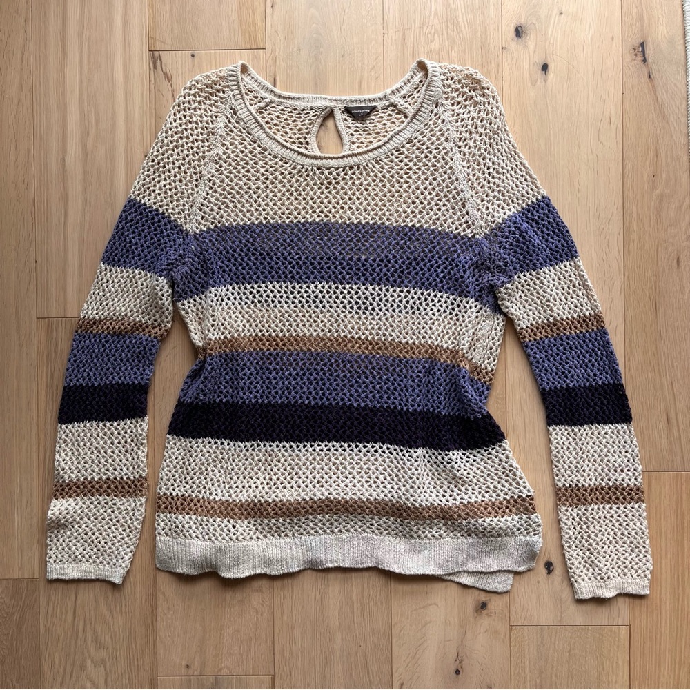 Denver Hayes Open-Knit Striped Crewneck Sweater in Cream, Blue & Brown